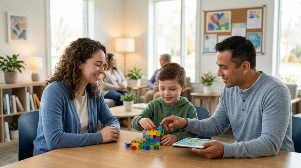 A family reviewing Medicaid application documents and online resources for ABA therapy, with a parent and autistic child engaged in the process.