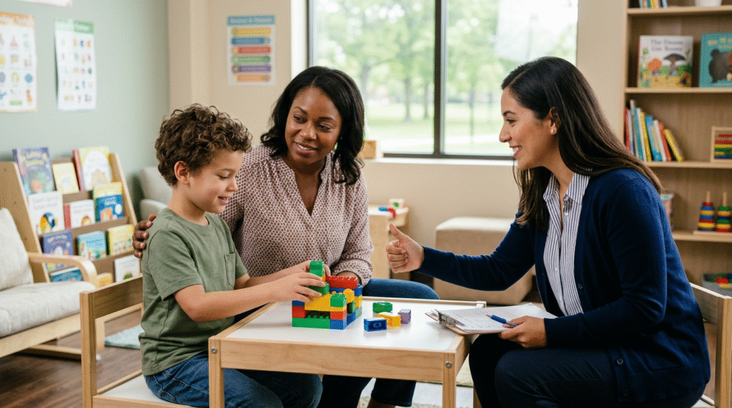 A family researching ABA therapy providers on a laptop, with documents spread on a table, symbolizing the practical steps in finding care.