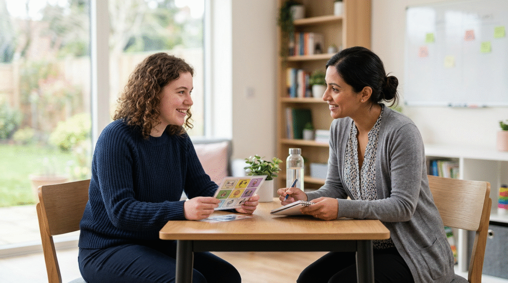 Autistic adults engaged in independent living skills, vocational training, and social activities, supported by ABA therapy.