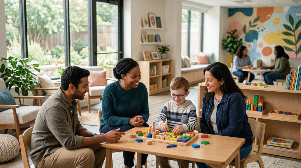 Children and adults with autism participating in various therapies and activities within a welcoming, integrated autism center.