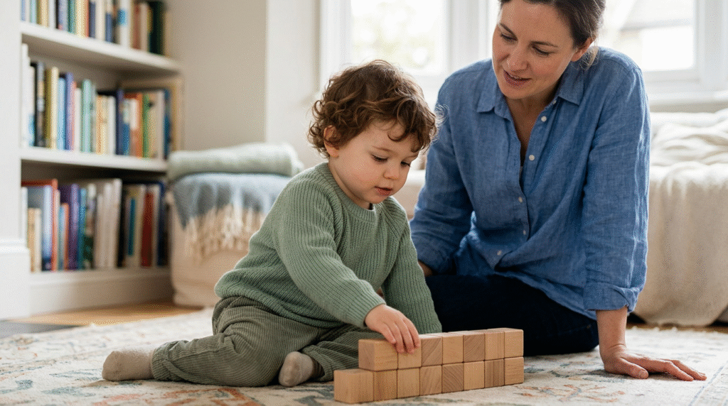 Parent observing a toddler playing with a toy, illustrating subtle early signs of level 1 autism.