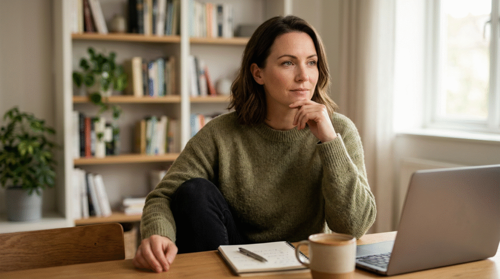 An adult person with a contemplative expression, sitting in a calm indoor setting, reflecting on their life experiences, symbolizing self-identification and late diagnosis of autism.