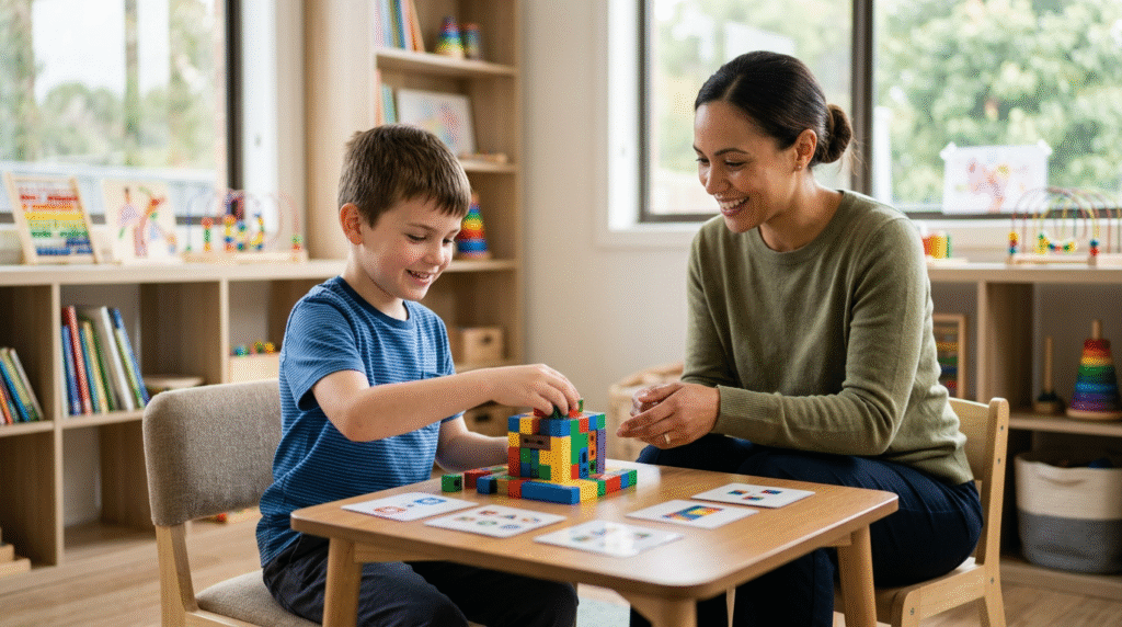 A young adult with Level 1 autism collaborating with a therapist on a visual task schedule, demonstrating tailored ABA intervention for mild support needs.