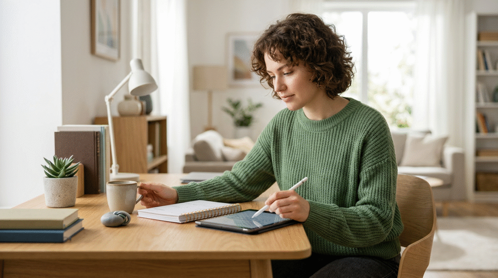 An adult with autism spectrum level 1 using a digital planner, wearing noise-canceling headphones in a calm home office, symbolizing self-management and independence.