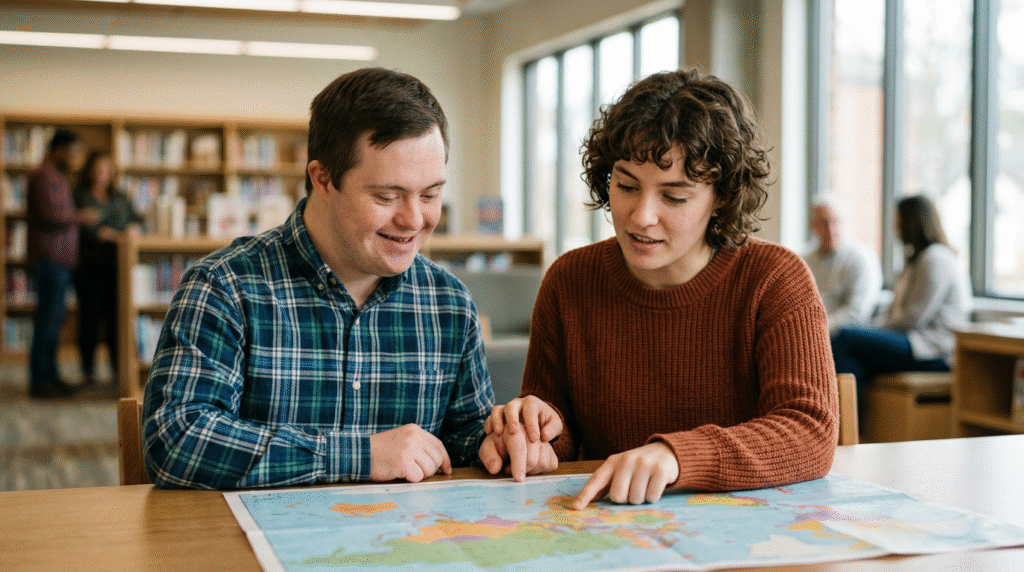 Children and young adults with diverse abilities, including those with Down syndrome and autism, engaging in positive social interaction in a supportive setting.