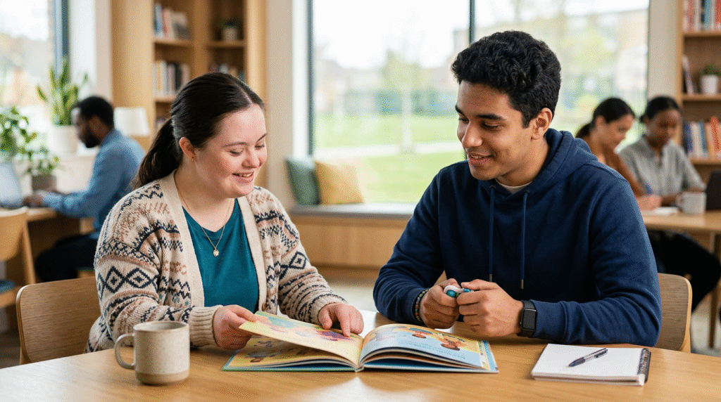 A diverse group of people, including individuals with Down Syndrome and autistic individuals, engaging in a supportive community environment.