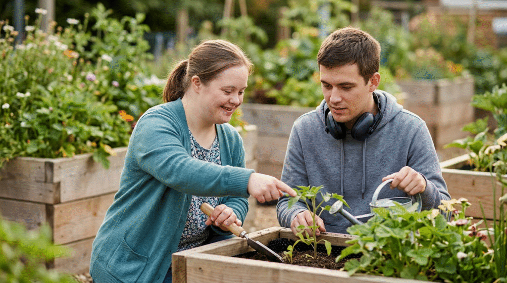 Children and adults with Down syndrome and autism engaging in inclusive activities, demonstrating connection and support.
