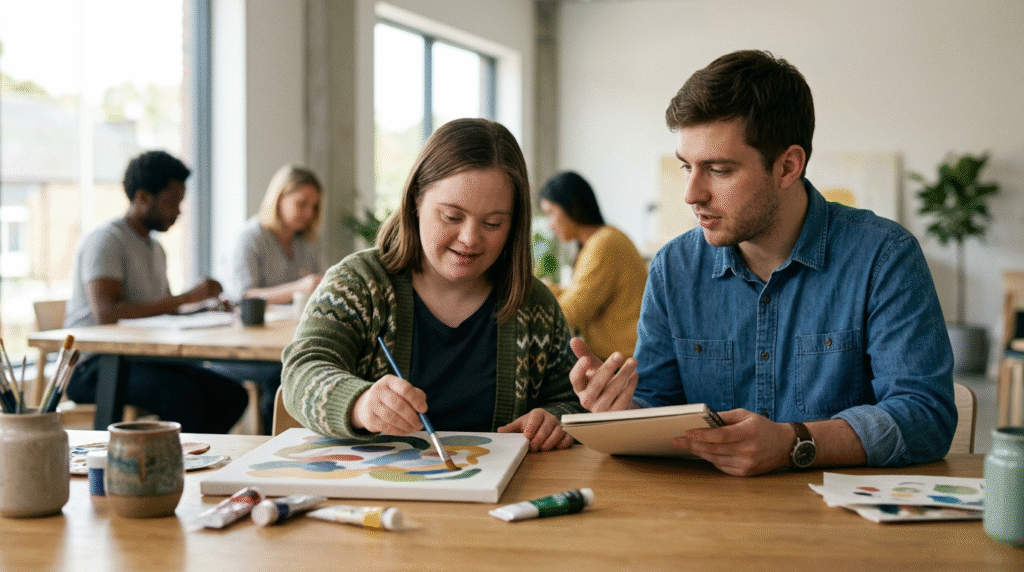 Diverse group of people, including individuals with Down Syndrome and autistic individuals, engaging happily in an inclusive community setting, symbolizing neurodiversity and acceptance.
