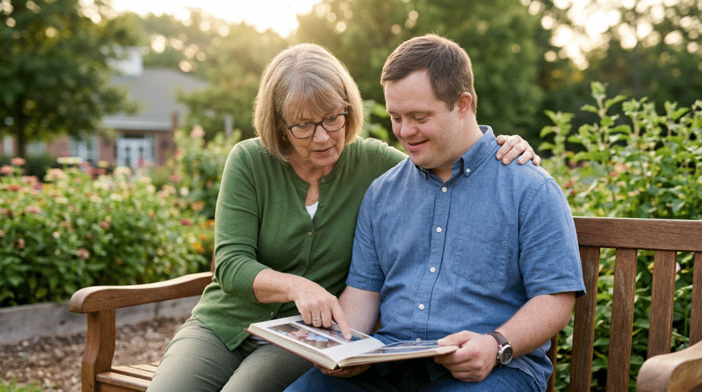 Adults with Down Syndrome participating in a community activity, symbolizing supported living and social engagement.