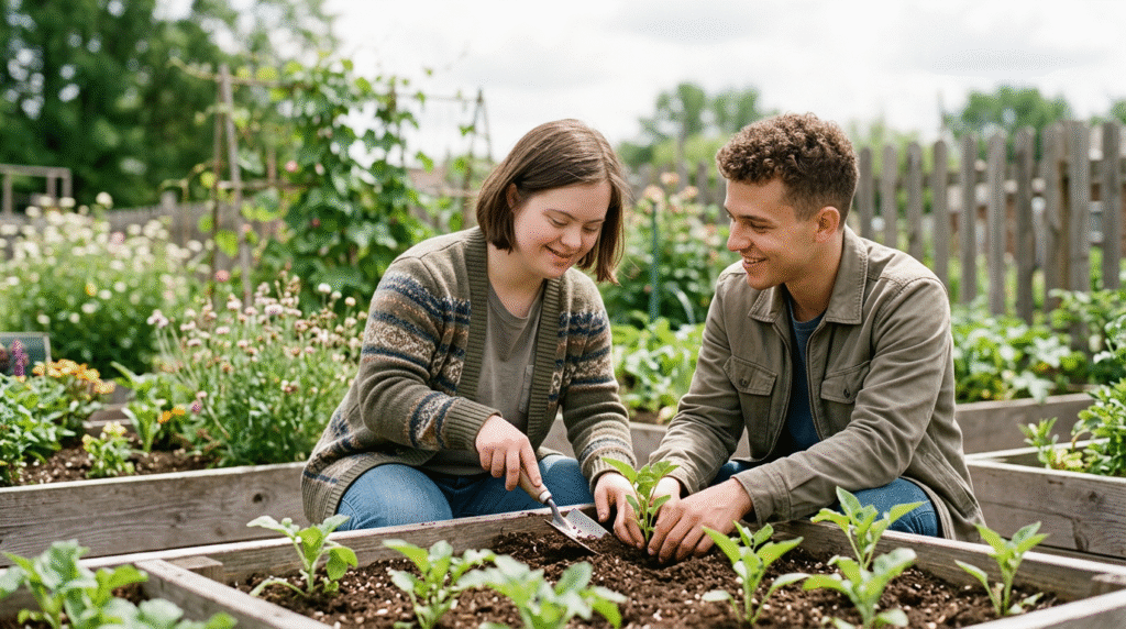 Individuals with Down Syndrome displaying a variety of emotions, including joy, thoughtfulness, and contentment, in a natural, inclusive setting.