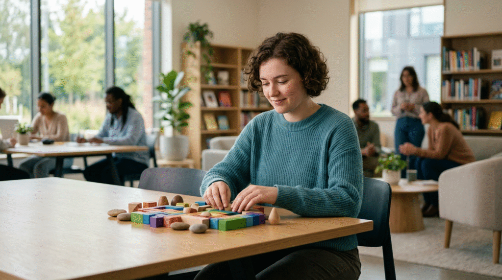 An adult autistic individual with a calm expression, engaged in a focused activity, symbolizing the nuanced experience of Level 1 autism.