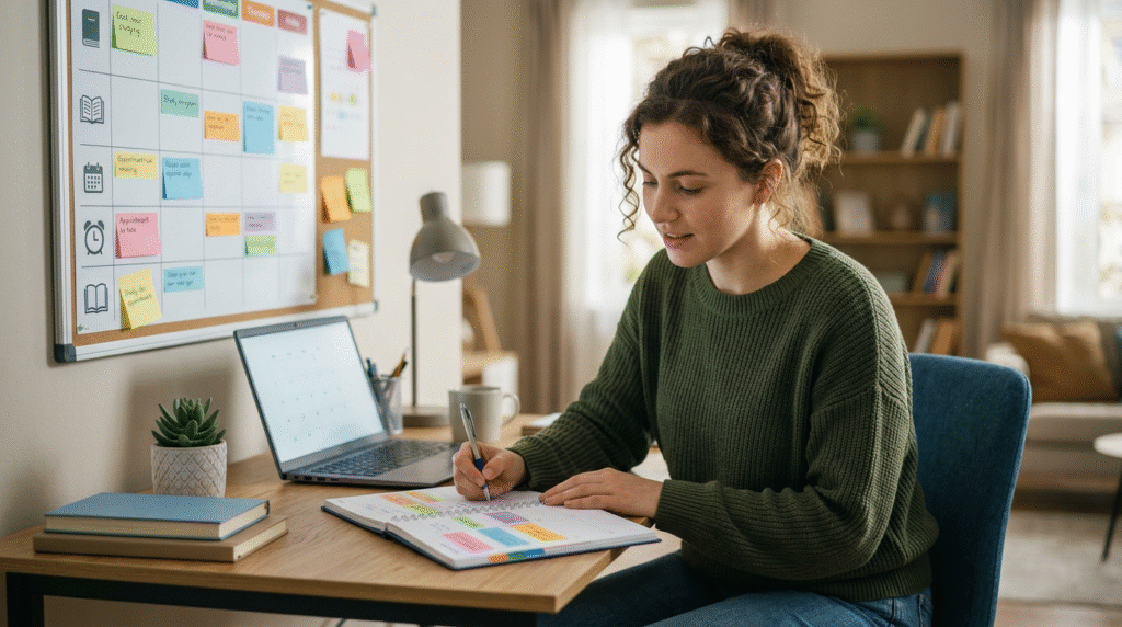 An adult or older teen with ASD Level 1 looking thoughtfully at a digital planner, demonstrating focus and organization in a calm, structured workspace.
