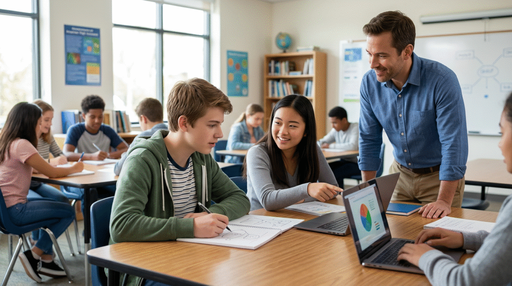 Elementary school classroom with a student with Level 1 ASD using a fidget toy, surrounded by peers and a supportive teacher, demonstrating inclusive educational accommodations.