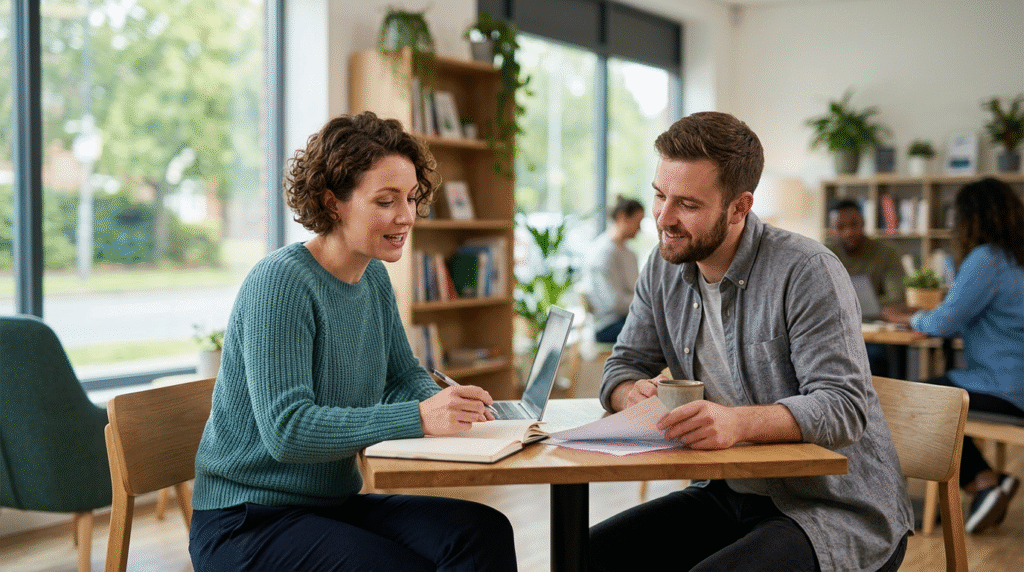 Diverse adults with an Asperger's profile engaging in various activities in a supportive community, reflecting individual strengths and connections.