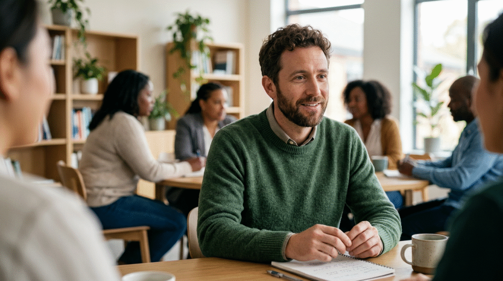 An adult person with a thoughtful expression, sitting in a calm, well-organized room, reflecting on their experiences.