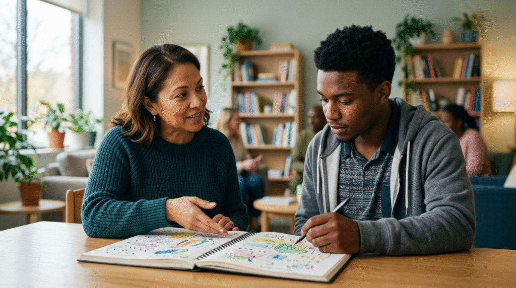 Diverse individuals with an Asperger's profile engaged in various supportive therapies, including social skills training, sensory regulation, and focused interest activities, illustrating holistic support.