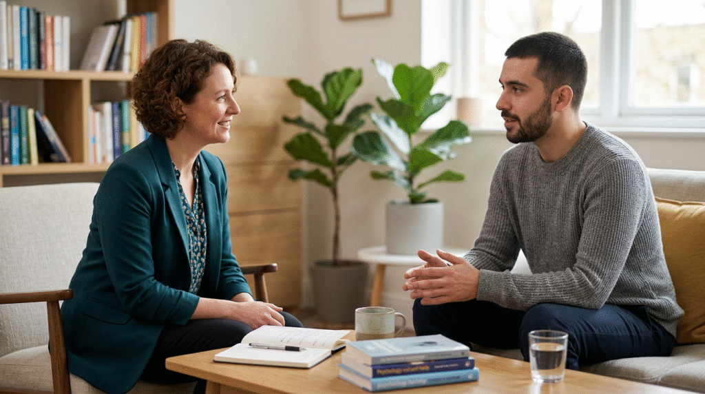 An autistic adult and a therapist collaboratively working through a cognitive behavioral therapy exercise, using a visual aid in a calm therapy room.