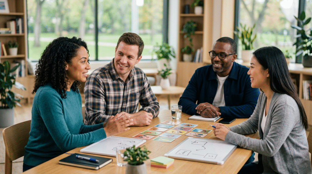 An adult with an Asperger's profile engaged in a social skills training session, perhaps practicing conversation with a therapist or a small group.