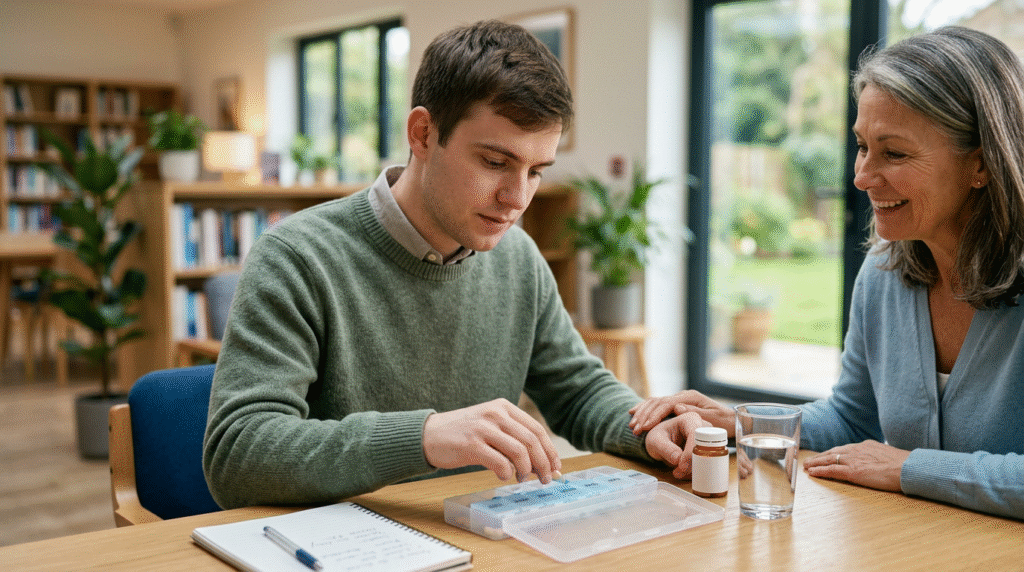 An adult with an Asperger's profile sitting calmly, possibly in a therapist's office or a quiet room, suggesting thoughtful consideration of support options.