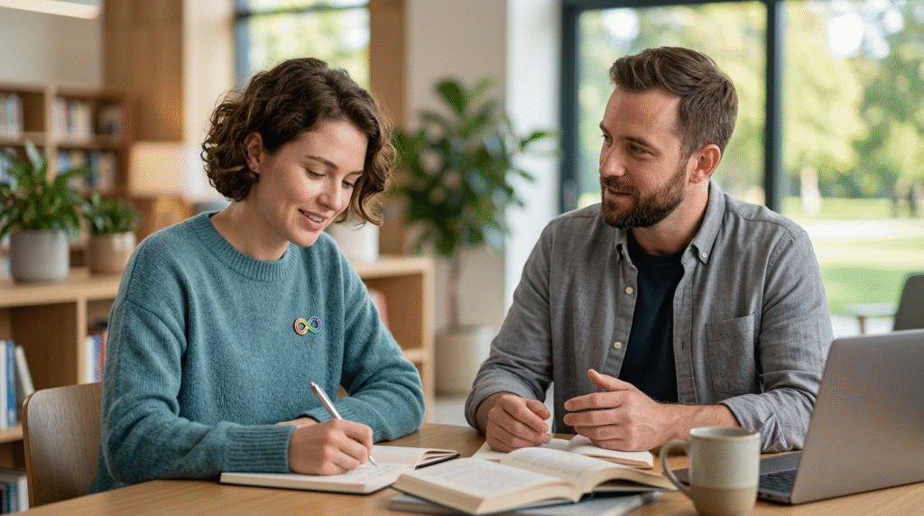 Diverse group of people, including autistic individuals, engaging in social and individual activities in a calm, inclusive setting, representing the spectrum of autism.