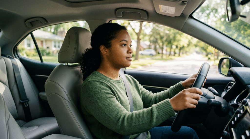 Young adult with Down Syndrome in a driver's seat with an instructor, demonstrating confidence and focus during a driving lesson.