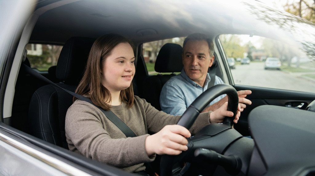 A young adult with Down Syndrome learning to drive with a specialized instructor, demonstrating focus and support in a dual-control car.