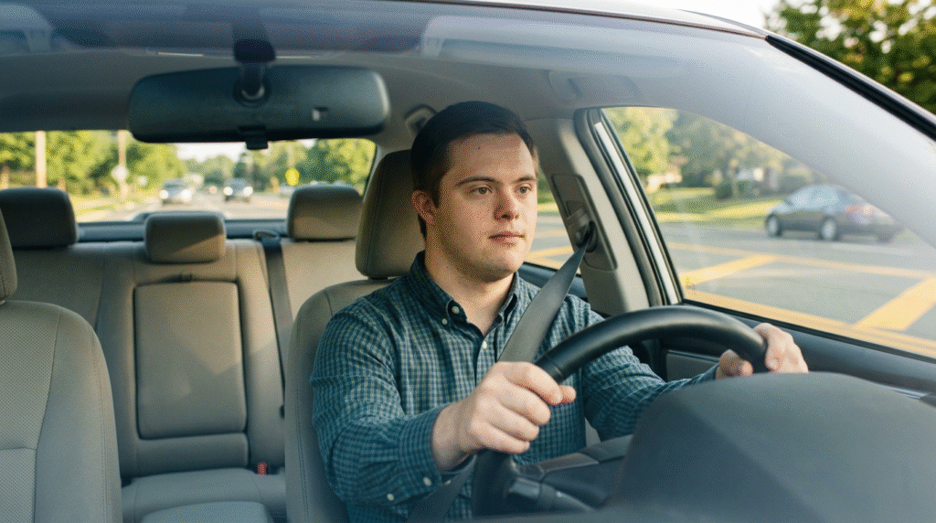 A young adult with Down Syndrome holding a driver's license, sitting in the driver's seat of a car, symbolizing independence and legal driving eligibility.