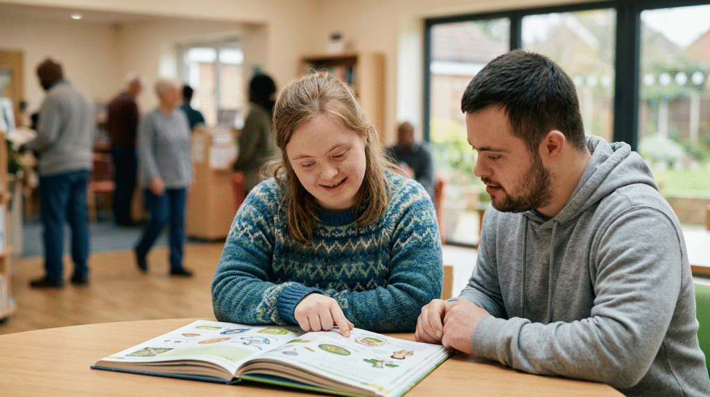 Diverse group of individuals with Down Syndrome, each showing unique facial features and expressions, engaged in a group activity, highlighting their individuality.