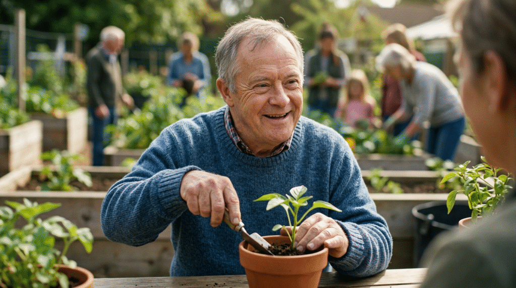 An older adult with Down Syndrome smiling while participating in a community activity, surrounded by people, symbolizing a long and fulfilling life.