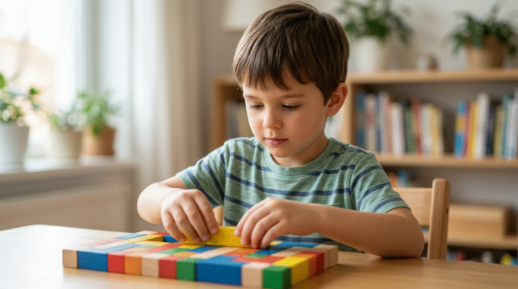 Vintage illustration of a child with focused attention meticulously arranging blocks alone in a playroom, reflecting early observations of Kanner syndrome.