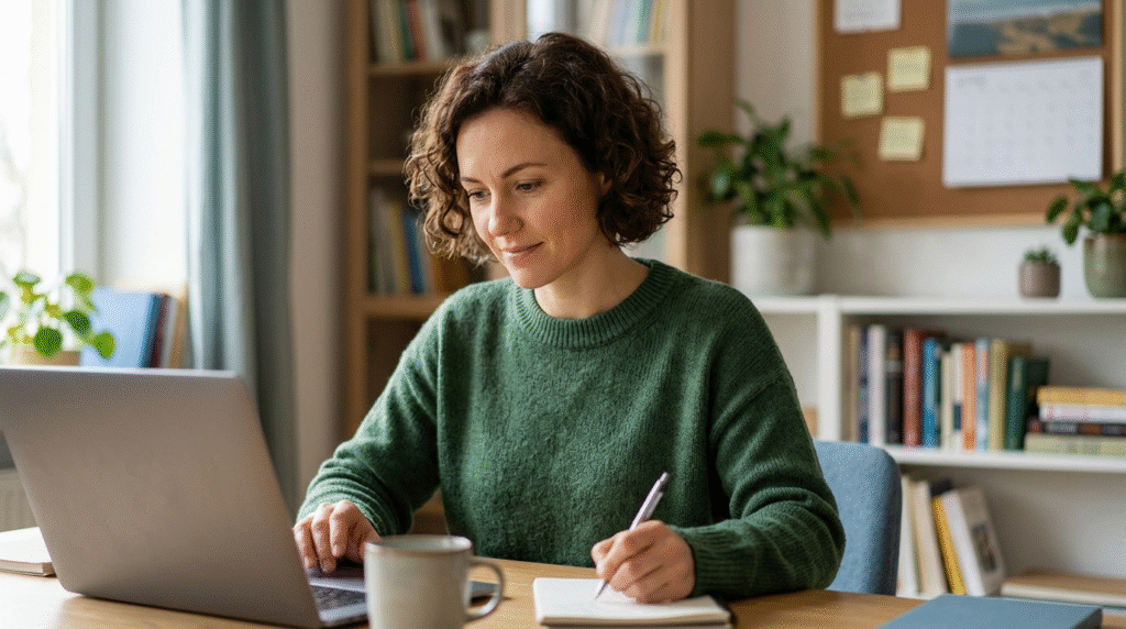 An adult sitting at a desk, reviewing documents and notes, symbolizing the preparation for an autism diagnosis with a PDA profile.