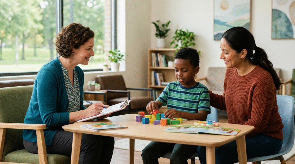 A diverse group of individuals, including children and adults, engaging with healthcare providers and support staff, symbolizing the comprehensive journey of autism diagnosis and ongoing support.