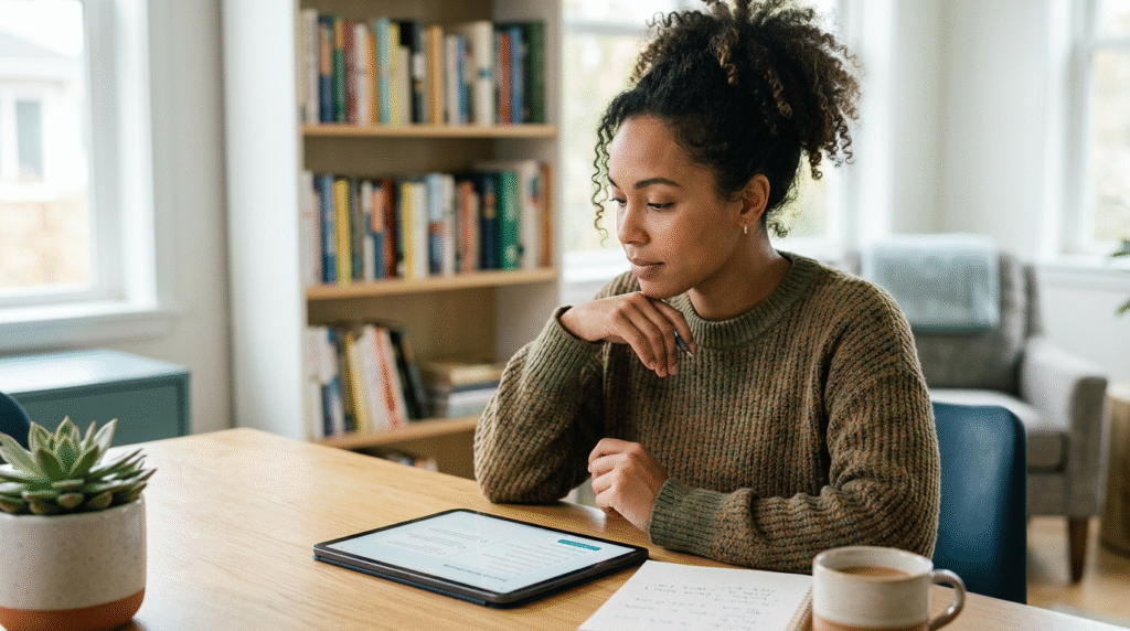 An adult person thoughtfully engaging with an online self-assessment, symbolizing the journey of understanding adult autism.