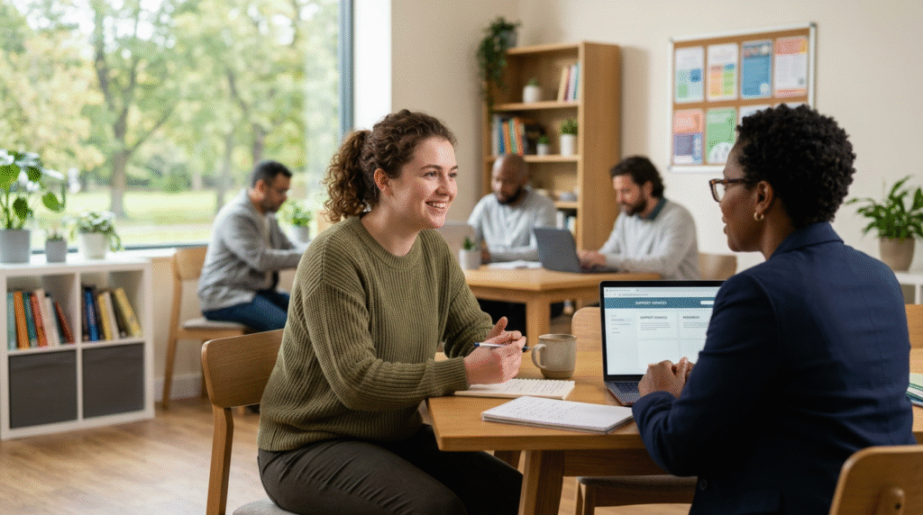 Diverse individuals with Level 1 autism accessing support services in educational, workplace, and community settings, illustrating inclusion and accessibility.