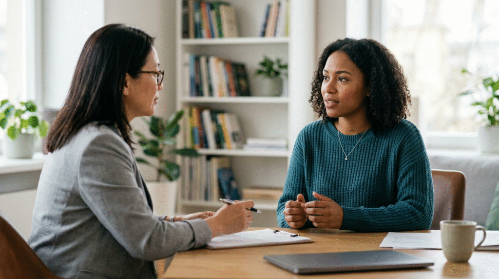A team of medical professionals, including a psychologist and pediatrician, reviewing diagnostic information for Level 1 autism, with subtle background elements showing a child and an adult engaged in assessment activities.
