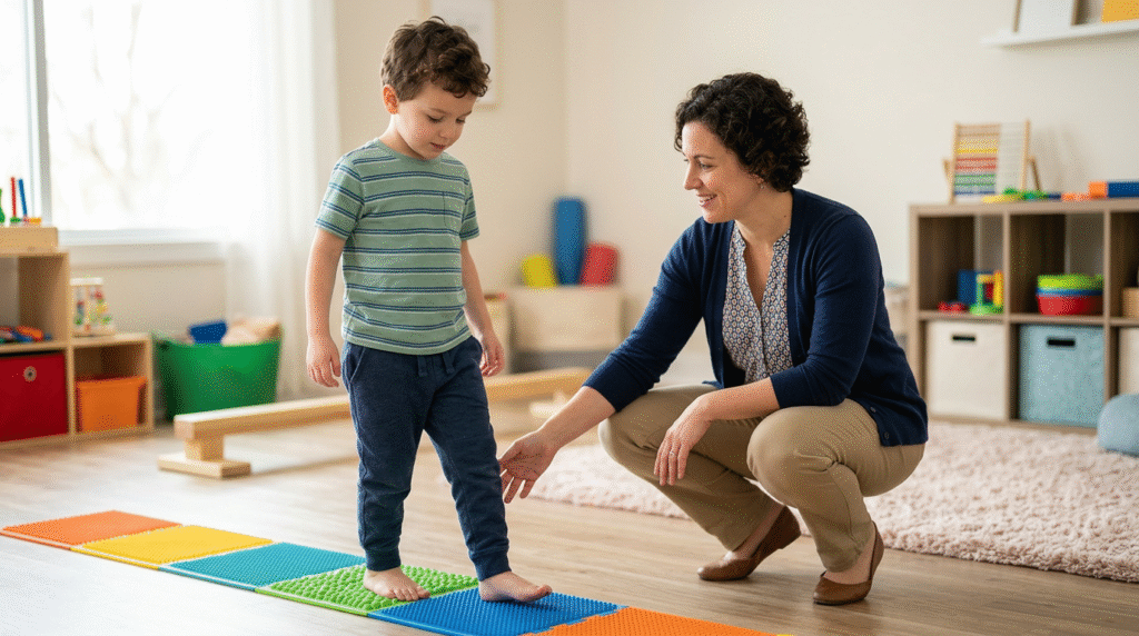 Autistic child engaging in physical therapy exercises with a therapist to address toe walking, focusing on balance and gait improvement.