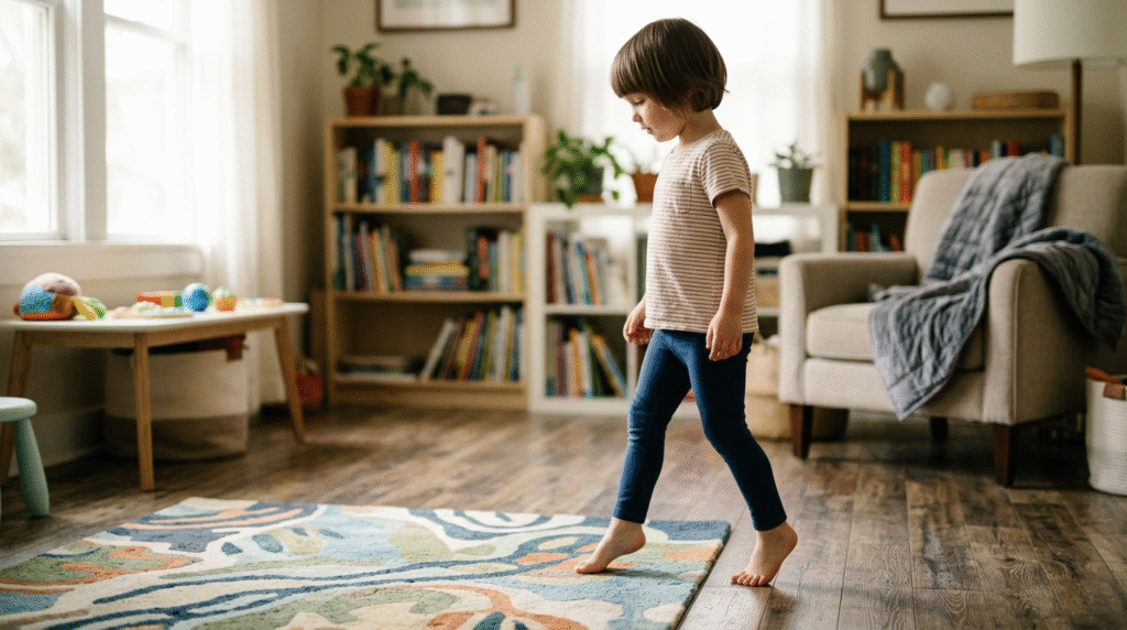 An autistic child toe walking on a textured rug, illustrating sensory processing differences.