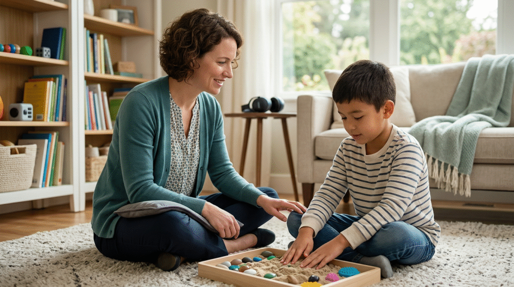 Occupational therapist guiding an autistic child with sensory toys in a home setting, demonstrating strategies for sensory regulation.