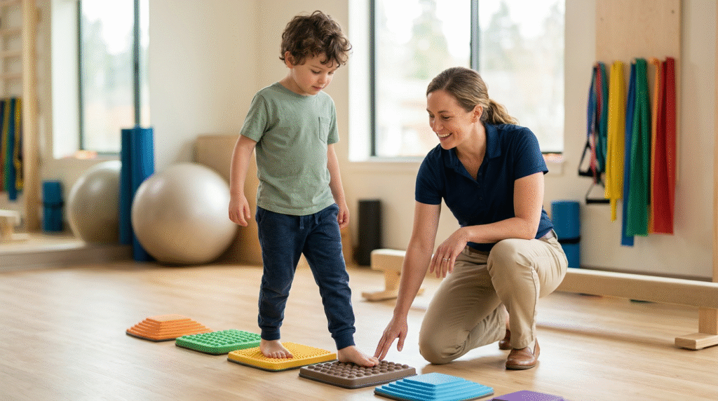 Autistic child stretching calf with a physical therapist, another walking on a textured mat, and a third wearing an AFO, illustrating practical therapies for toe walking.