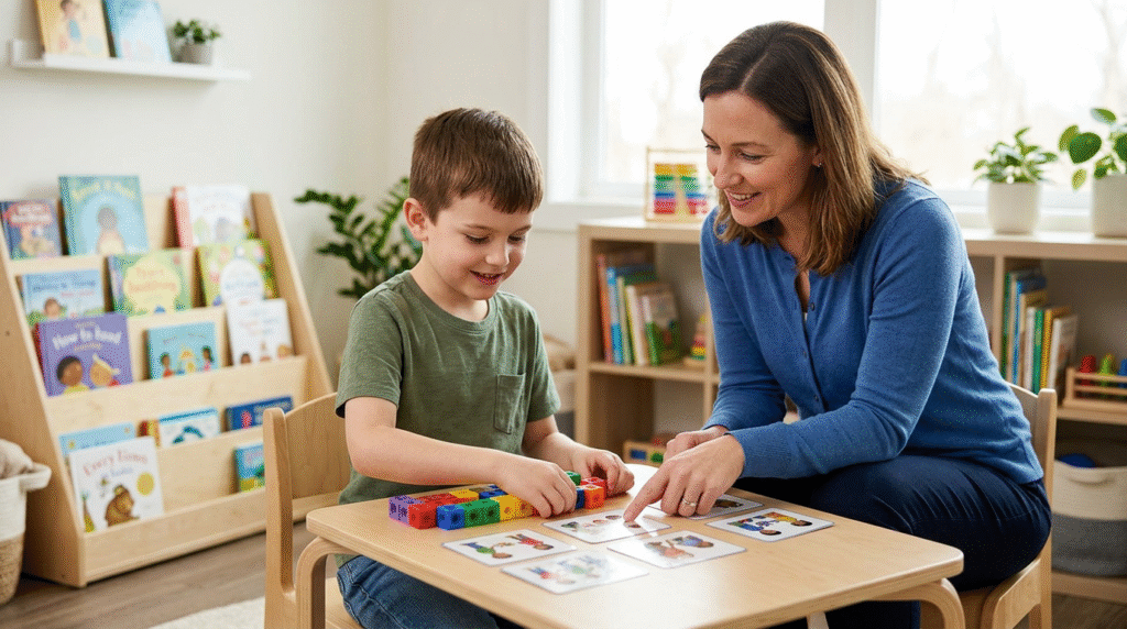 Children with Level 1 autism engaging in ABA therapy, practicing social skills and communication with a therapist, with a parent observing.