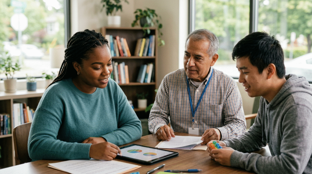 Hands reviewing an insurance card and medical billing statements, with a pen and laptop, symbolizing the practical navigation of healthcare for autism services.
