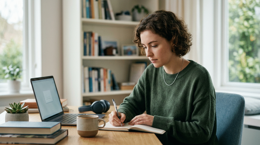 A young adult with Level 1 autism focused intently on a hobby, surrounded by elements of a structured, comfortable home environment, symbolizing their unique characteristics and daily life.