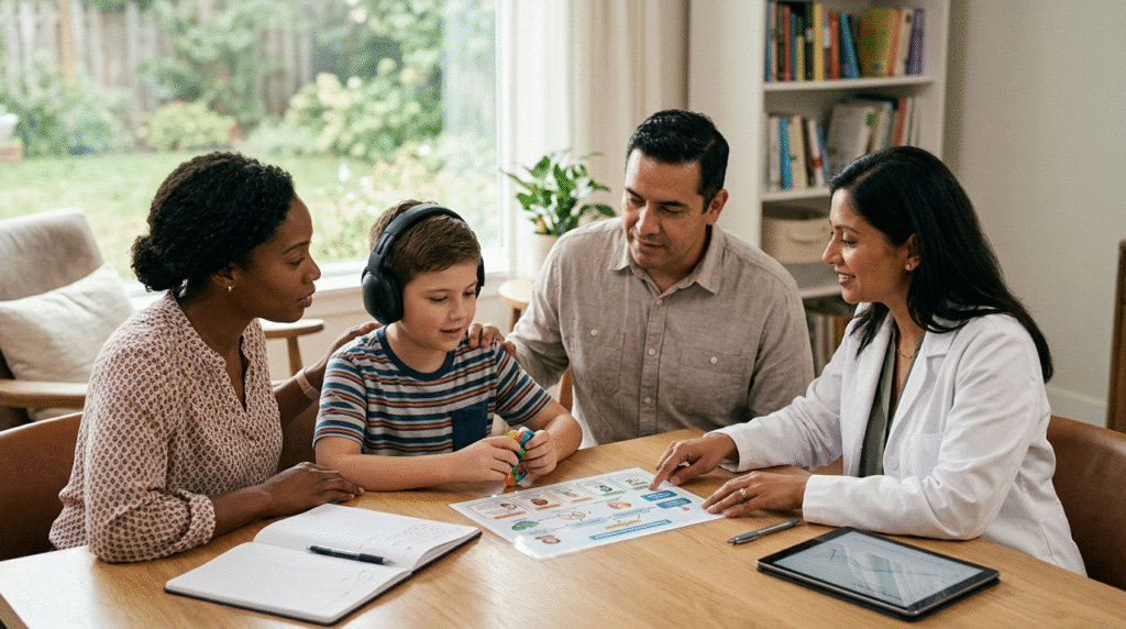 A family and a healthcare provider collaboratively discussing autism medication options, looking at information together in a supportive environment.