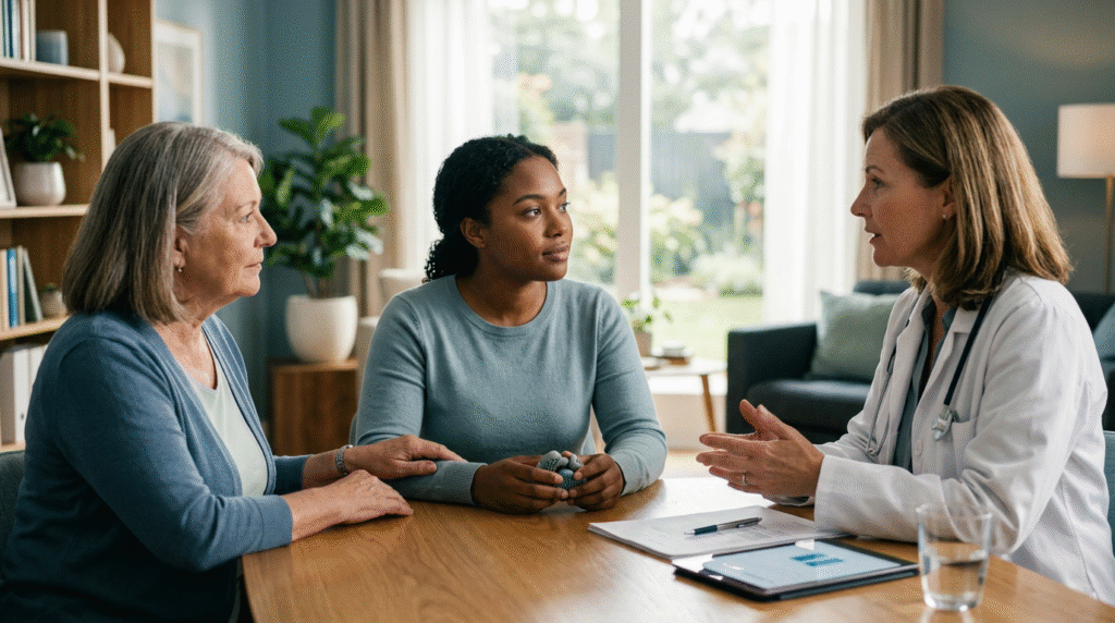 An adult with autism and their caregiver having a focused discussion with a healthcare provider about medication options for co-occurring conditions in a doctor's office.
