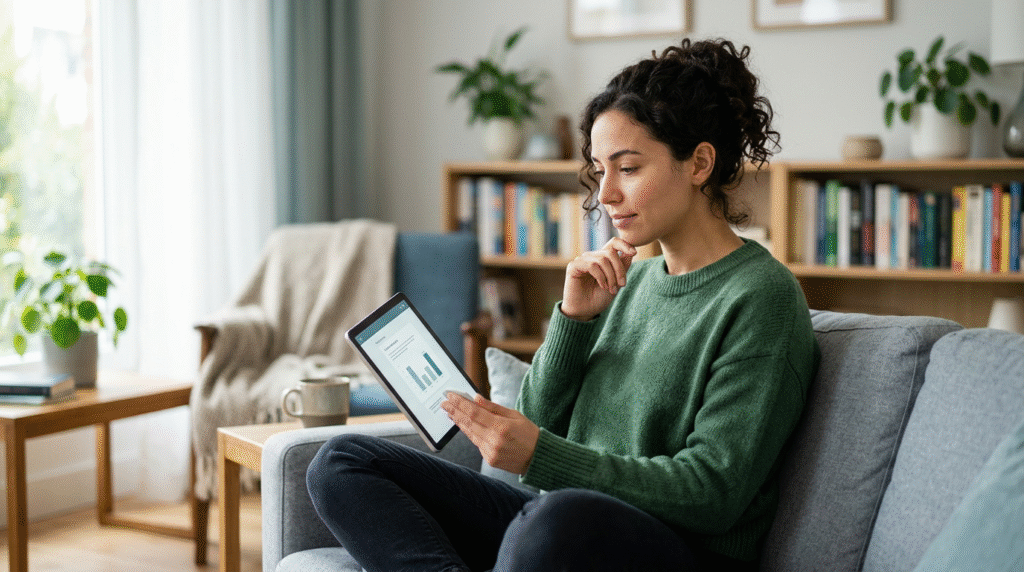 An adult looking thoughtfully at a laptop screen displaying online test results, symbolizing the process of interpreting personal information and considering next steps.