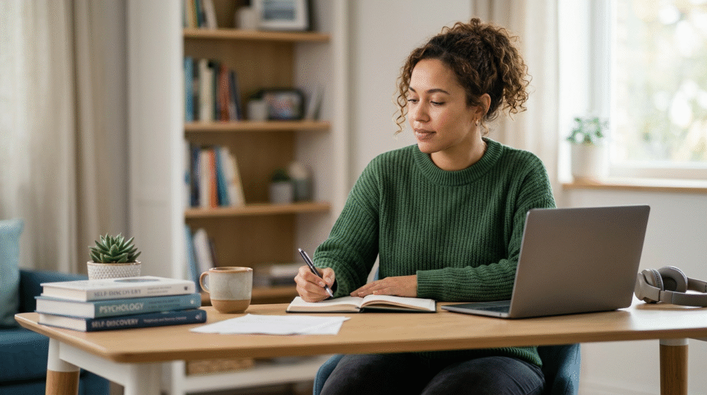 An adult person thoughtfully researching and preparing for an autism diagnosis, sitting at a desk with a laptop and notebook.