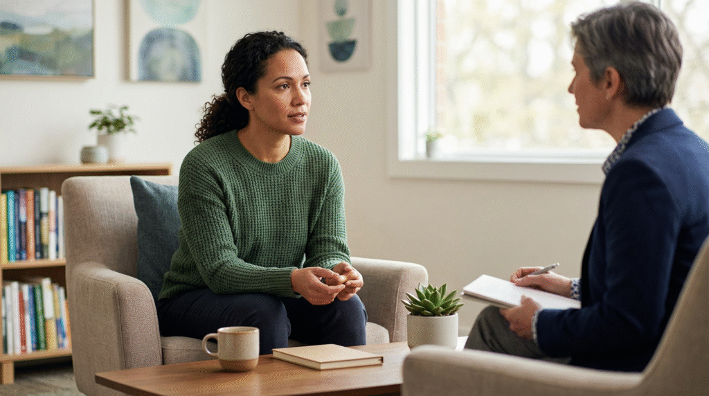 An adult person thoughtfully reviewing notes, symbolizing the preparation and self-reflection involved in seeking an autism diagnosis.