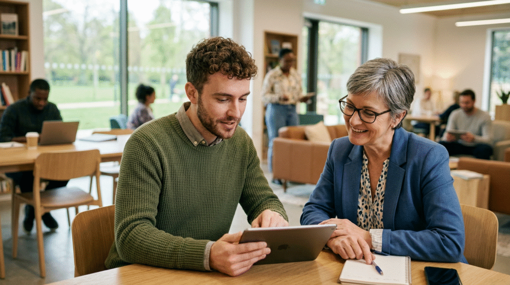 Young adults with autism successfully navigating various aspects of adult life, including cooking, working, studying, and socializing, symbolizing successful transition to adulthood.