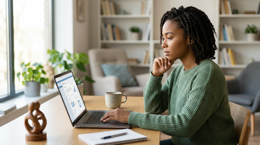 A person thoughtfully reviewing their online autism test results on a laptop, with a notebook and pen ready for reflection.