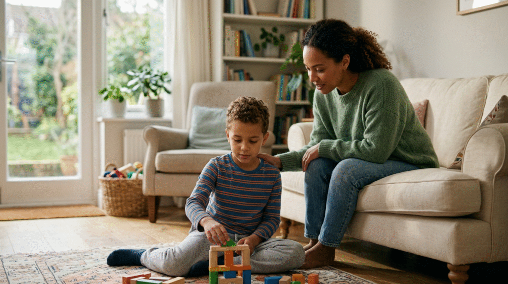 A parent gently guiding their child with PDA autism through a morning routine, offering two choices for breakfast cereal, with a visual schedule visible in the background, illustrating a low demand parenting approach.